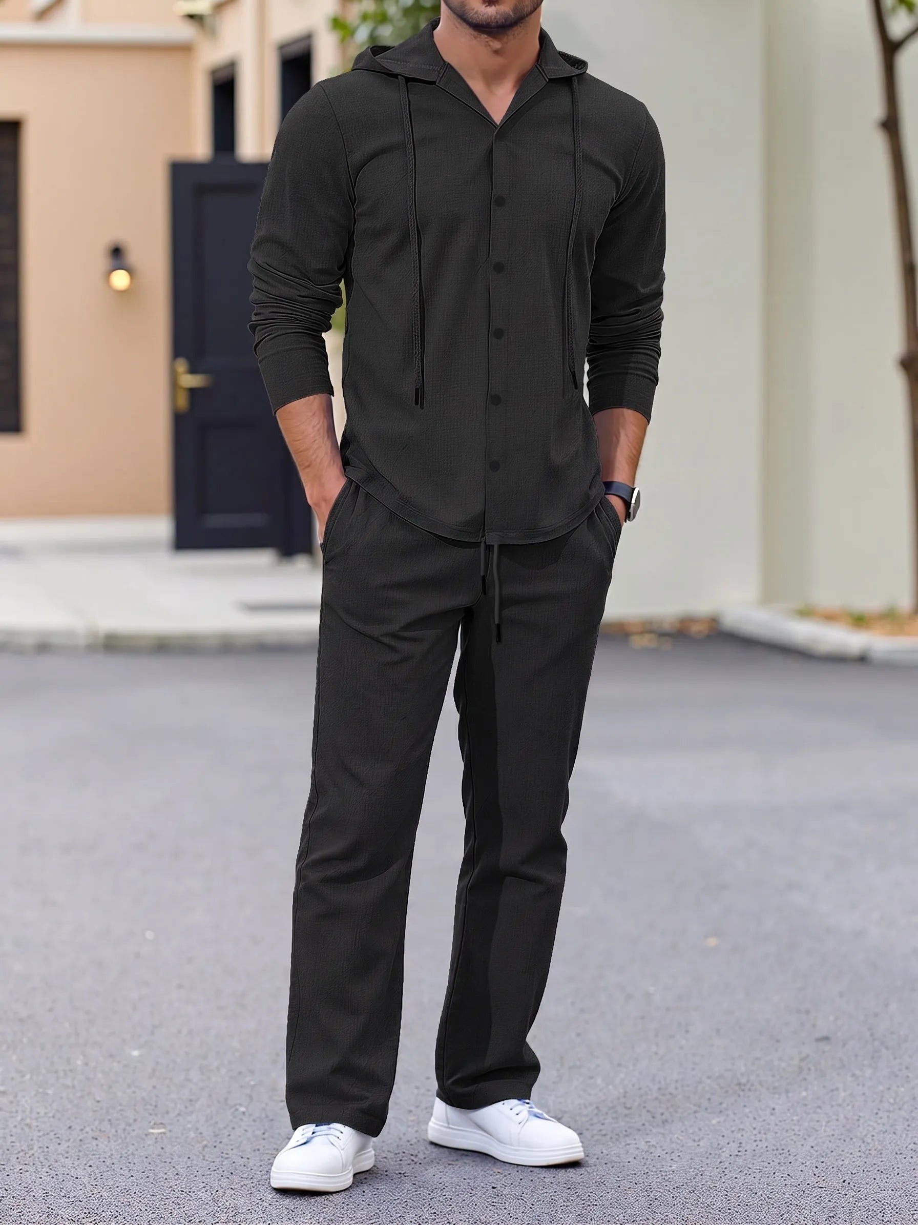 Hooded Button-Down Crinkle 2-Piece Set