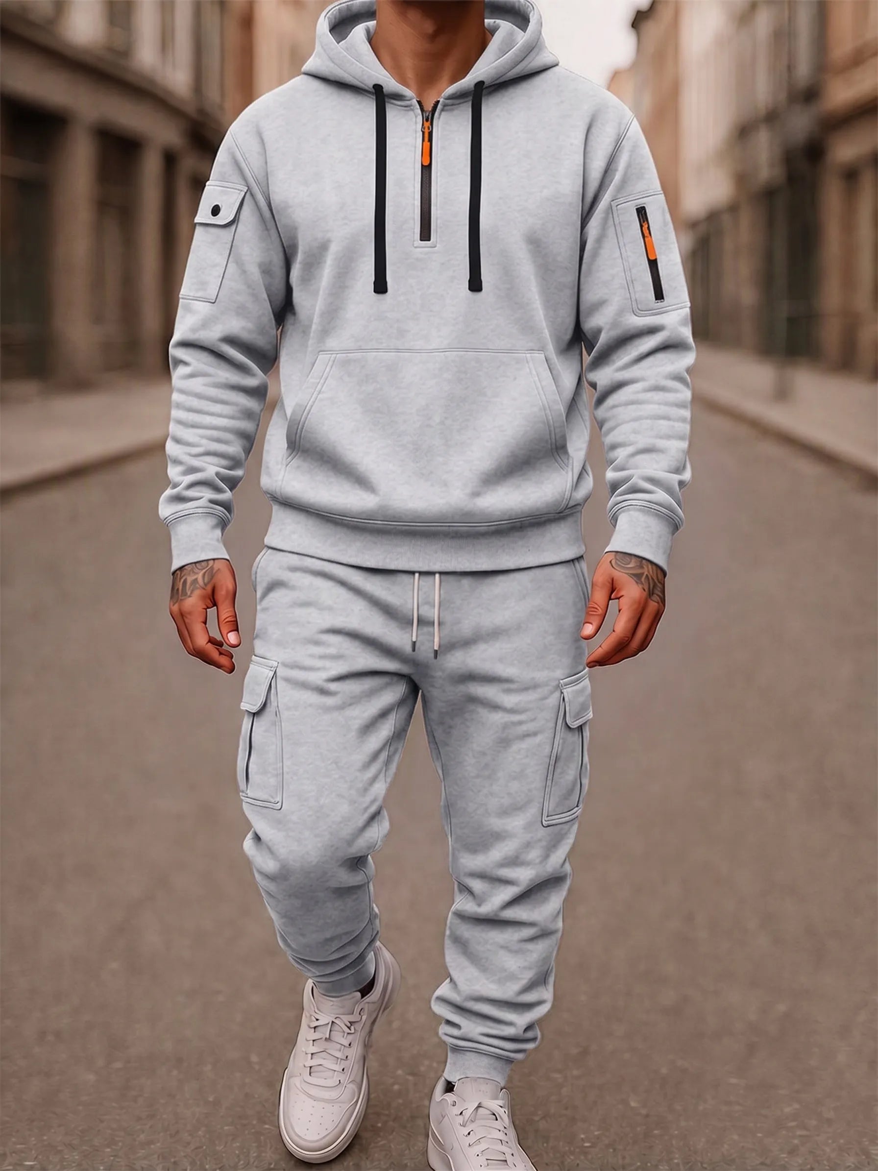 Fleece-Lined Cargo Hooded Tracksuit Set