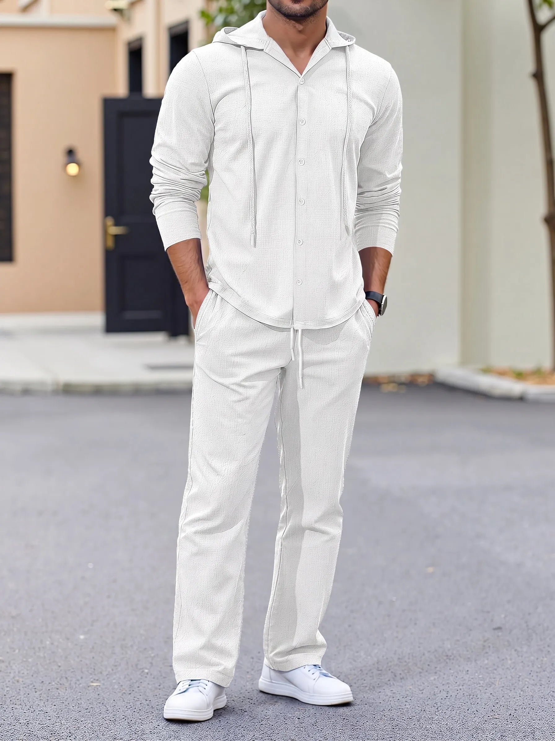 Hooded Button-Down Crinkle 2-Piece Set