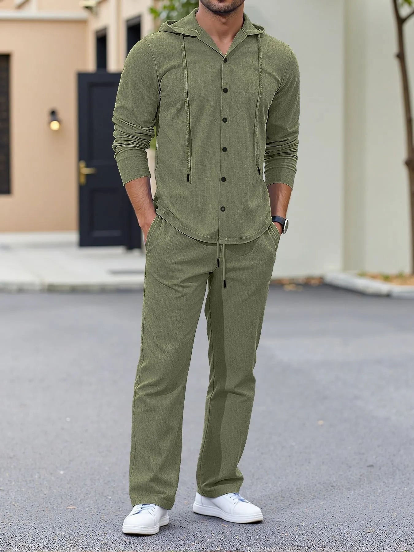 Hooded Button-Down Crinkle 2-Piece Set