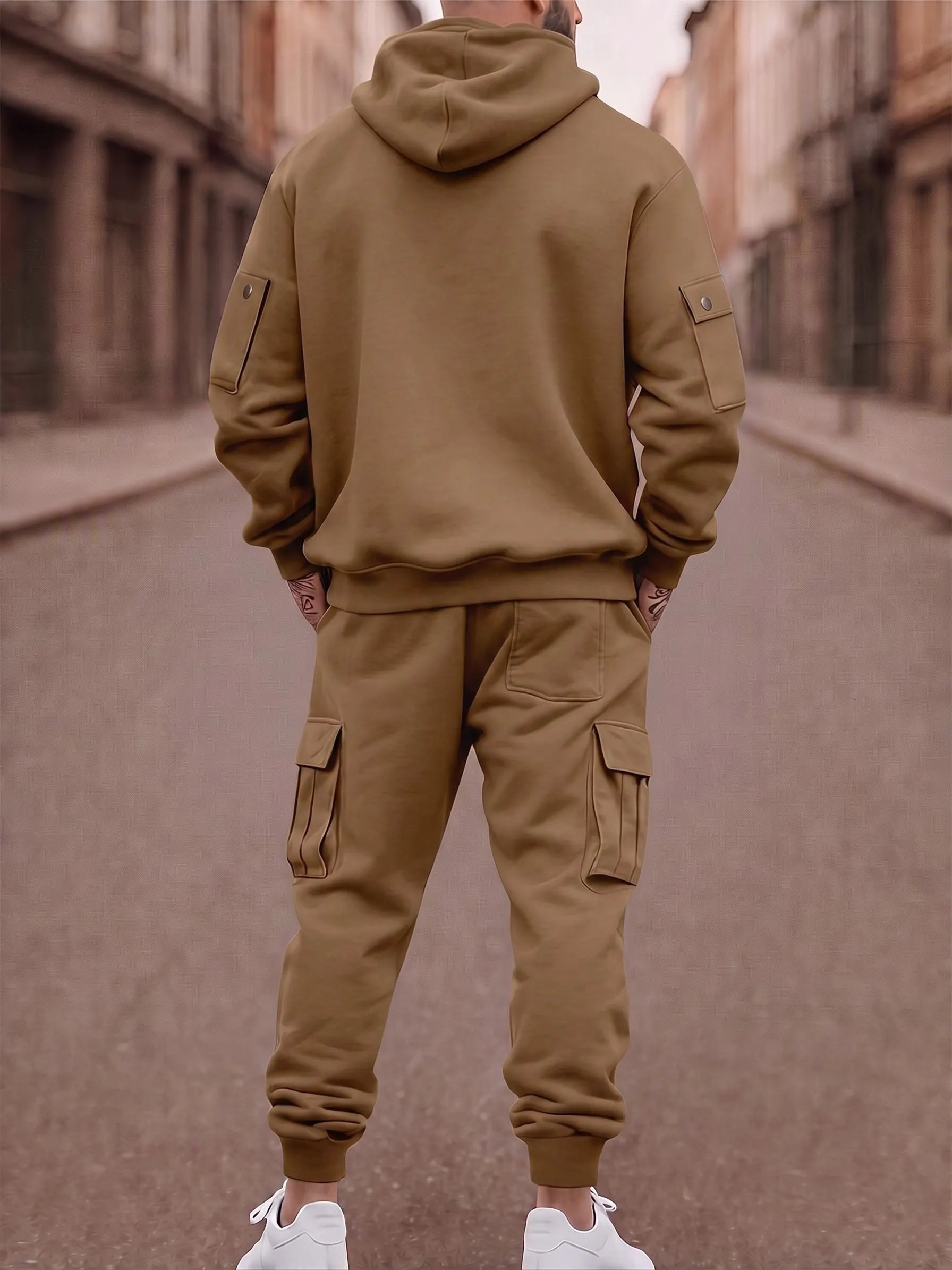 Fleece-Lined Cargo Hooded Tracksuit Set