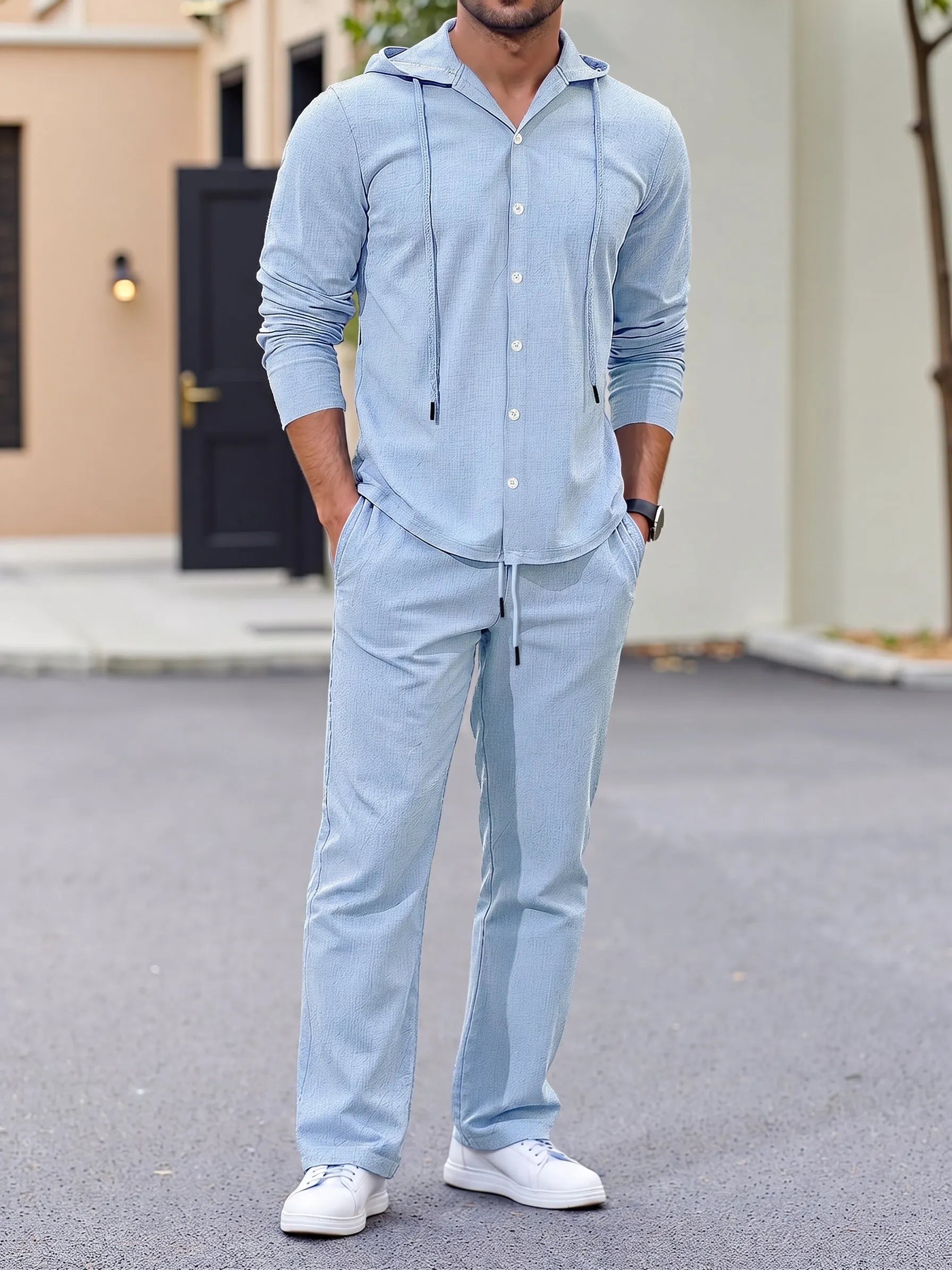 Hooded Button-Down Crinkle 2-Piece Set