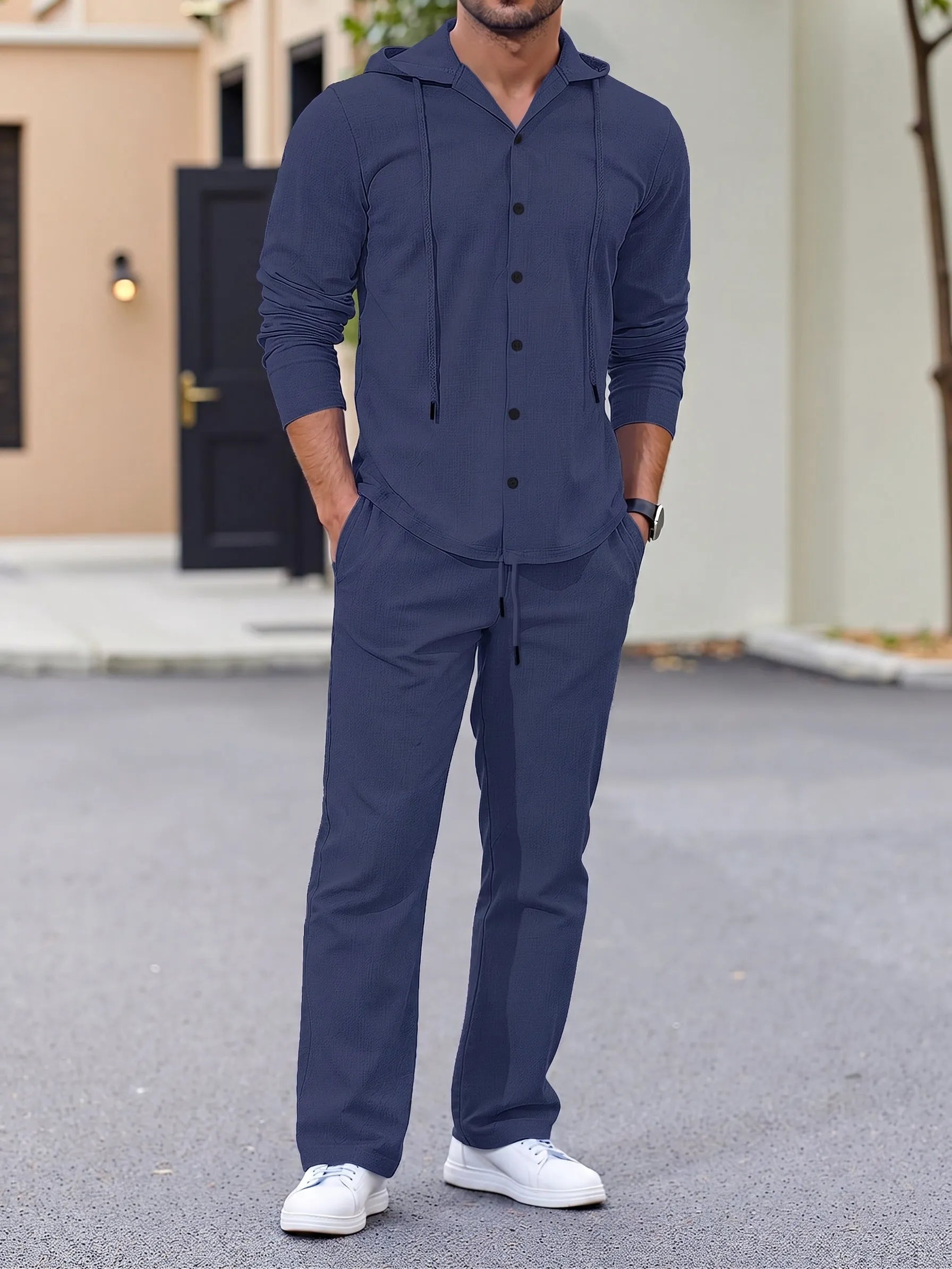 Hooded Button-Down Crinkle 2-Piece Set