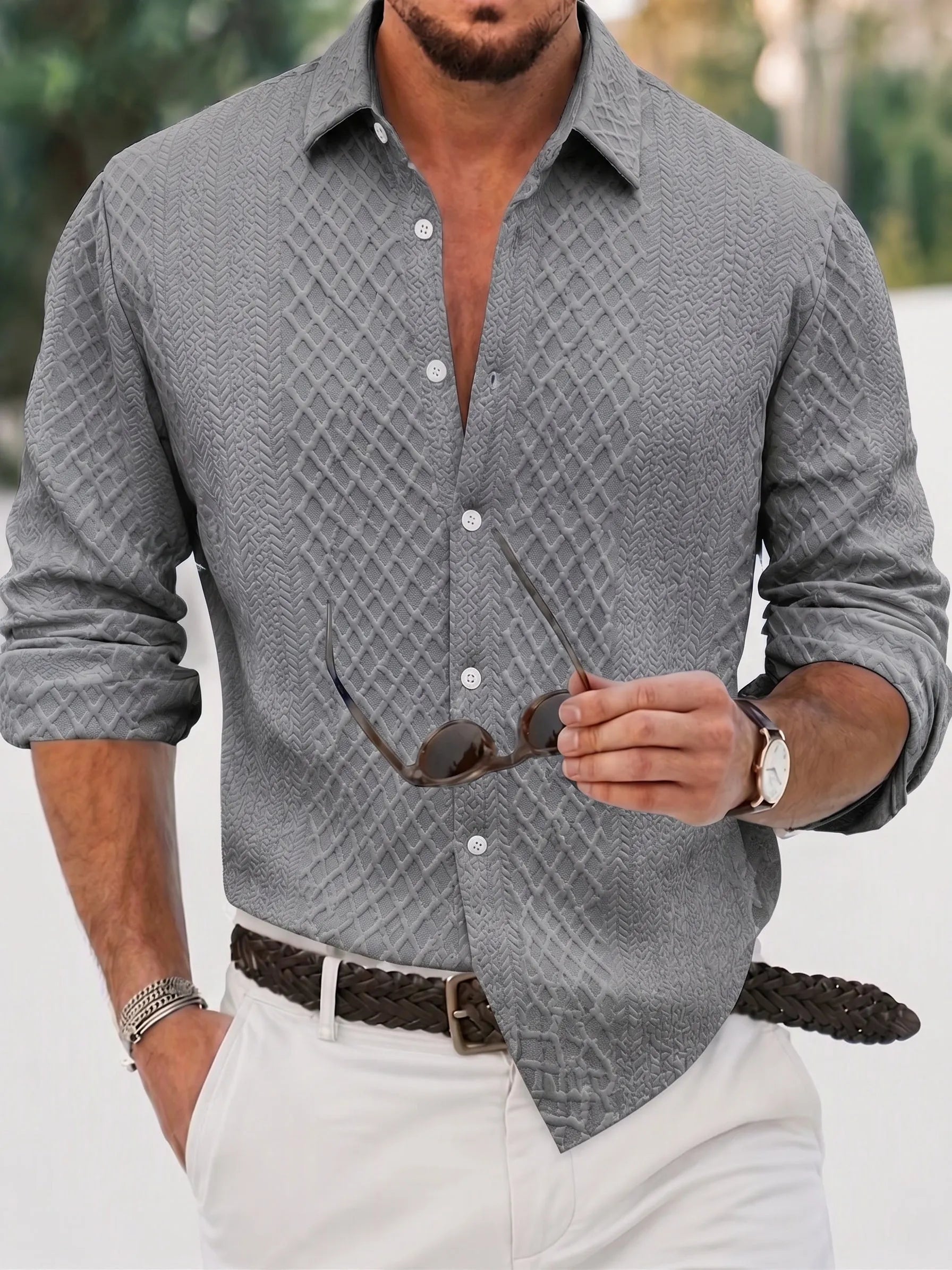 Embossed Jacquard Long Sleeve Button-Down Shirt