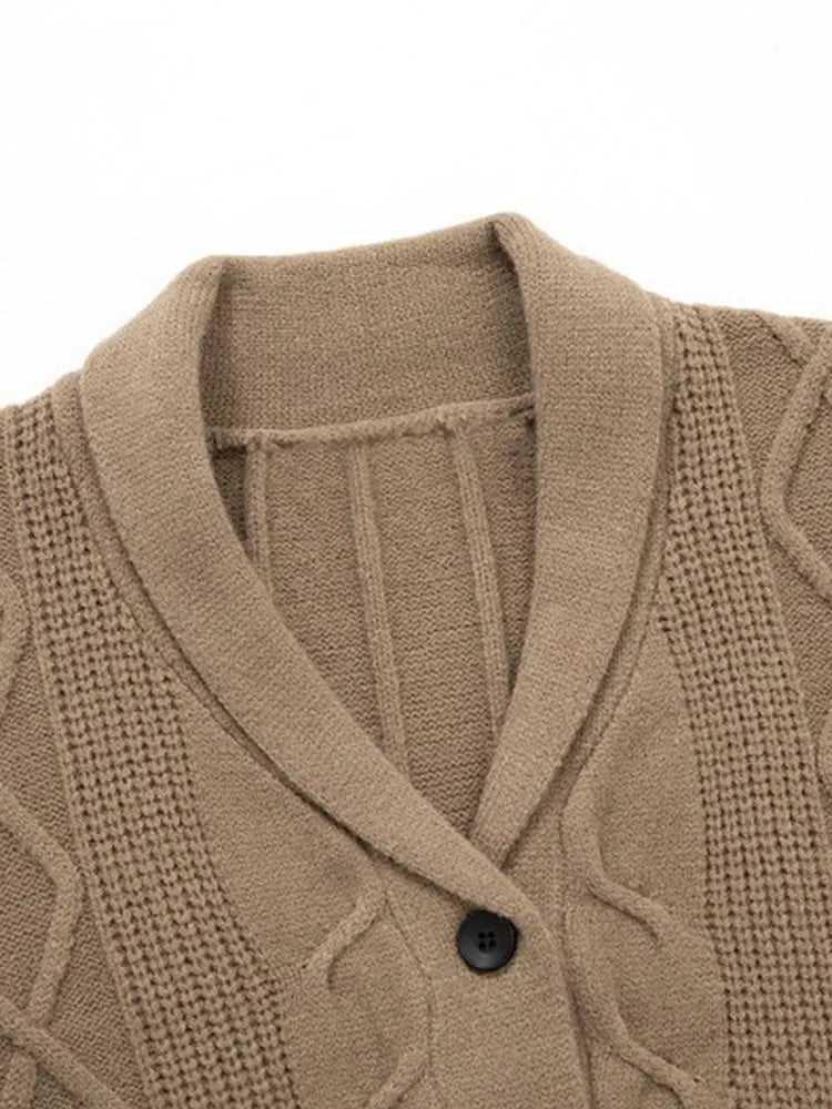 Cable Knit Shawl Collar Button-Up Cardigan