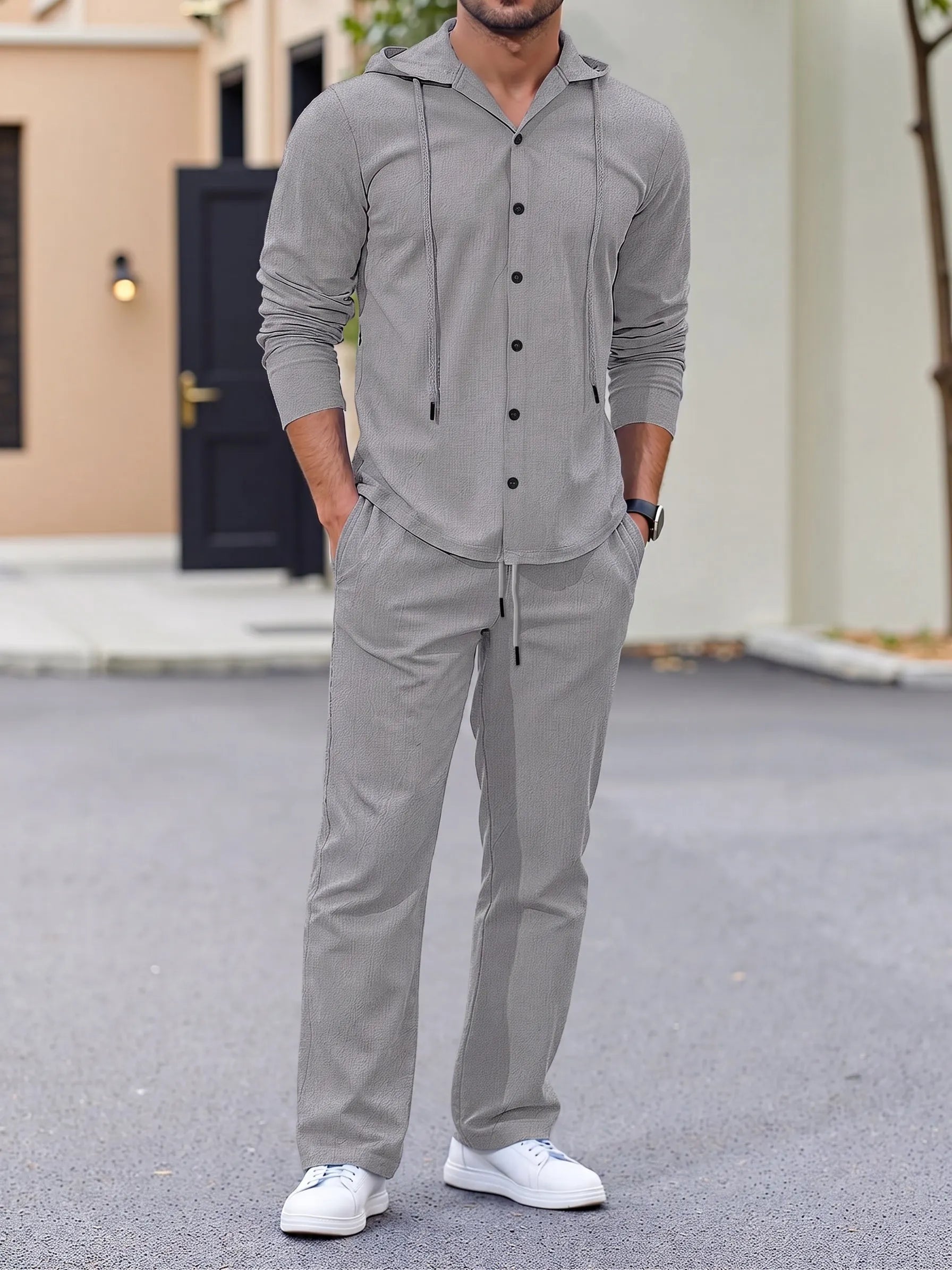 Hooded Button-Down Crinkle 2-Piece Set